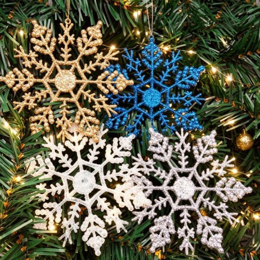 12Pcs New 10/12/16cm Gold Powder Snowflake Multicolors Plastic&Glitter White Christmas Tree Decor Home Decor for Xmas Charming