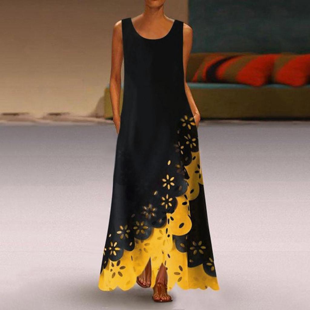 

Women Sleeveless Print Round Neck Long Maxi Dress Beach Shirt Dress L