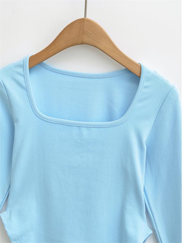 Spicy Girl Square Neck Cinched Waist Long Sleeve T-Shirt for Women - Spring/Autumn Base Layer, High Waist, Curved Style Top