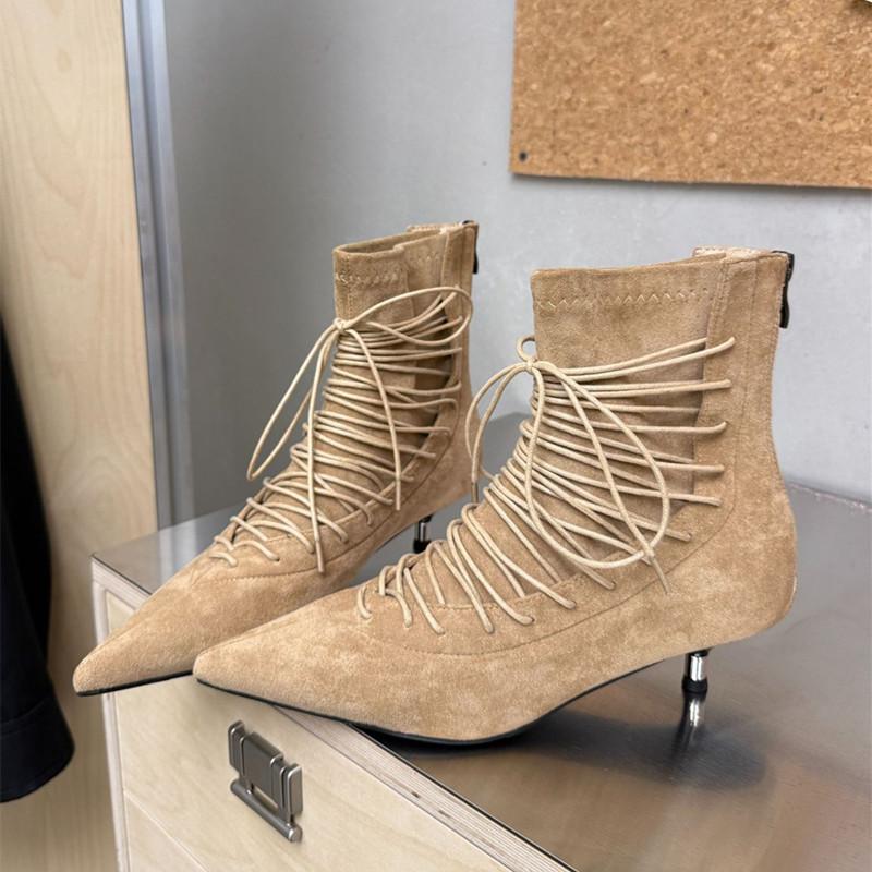 Fashion Sexy Pointed Toe Lace Ankle Boots Women Faux Suede Design Thin Low Heel Modern Boots Autumn Elegant Women Pumps Botas Mujer