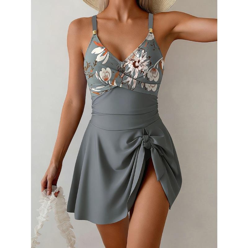 Women's Floral V-neck Wrap-style Swim Dress Featuring Adjustable Spaghetti Straps, a Tummy-control Design, and a Side-tie Detail