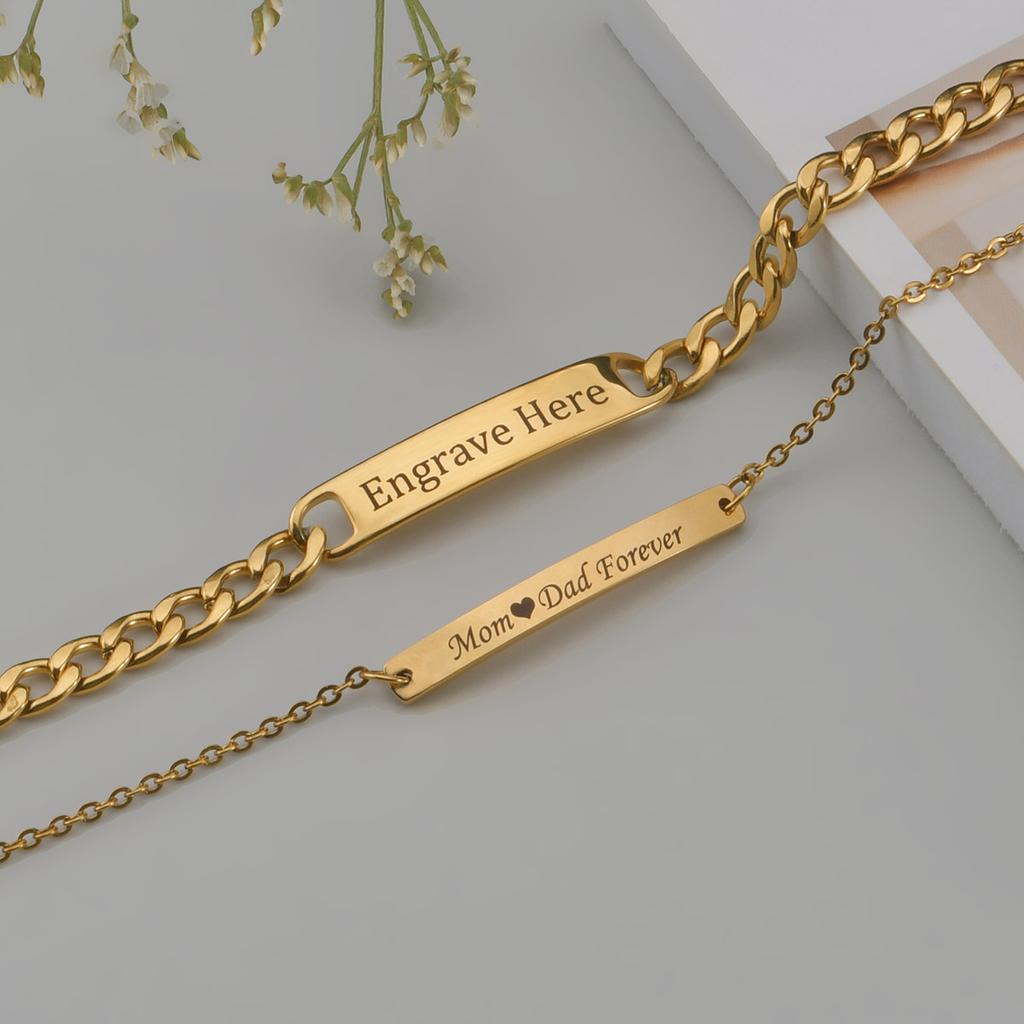 Akizoom Punk Engrave Name Custom Bracelets Gold Color Stainless Steel Thick Hand Chain Customized Couple Men Women Jewelry Gift