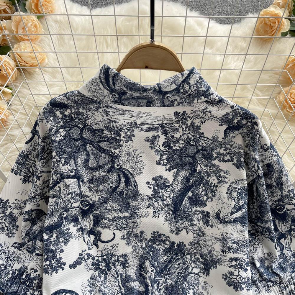 RUGOD Fashionable Temperament Suit Women's Tie-dye Printed Short Shirt High Waist A-line Skirt Western Style Two-piece Suit