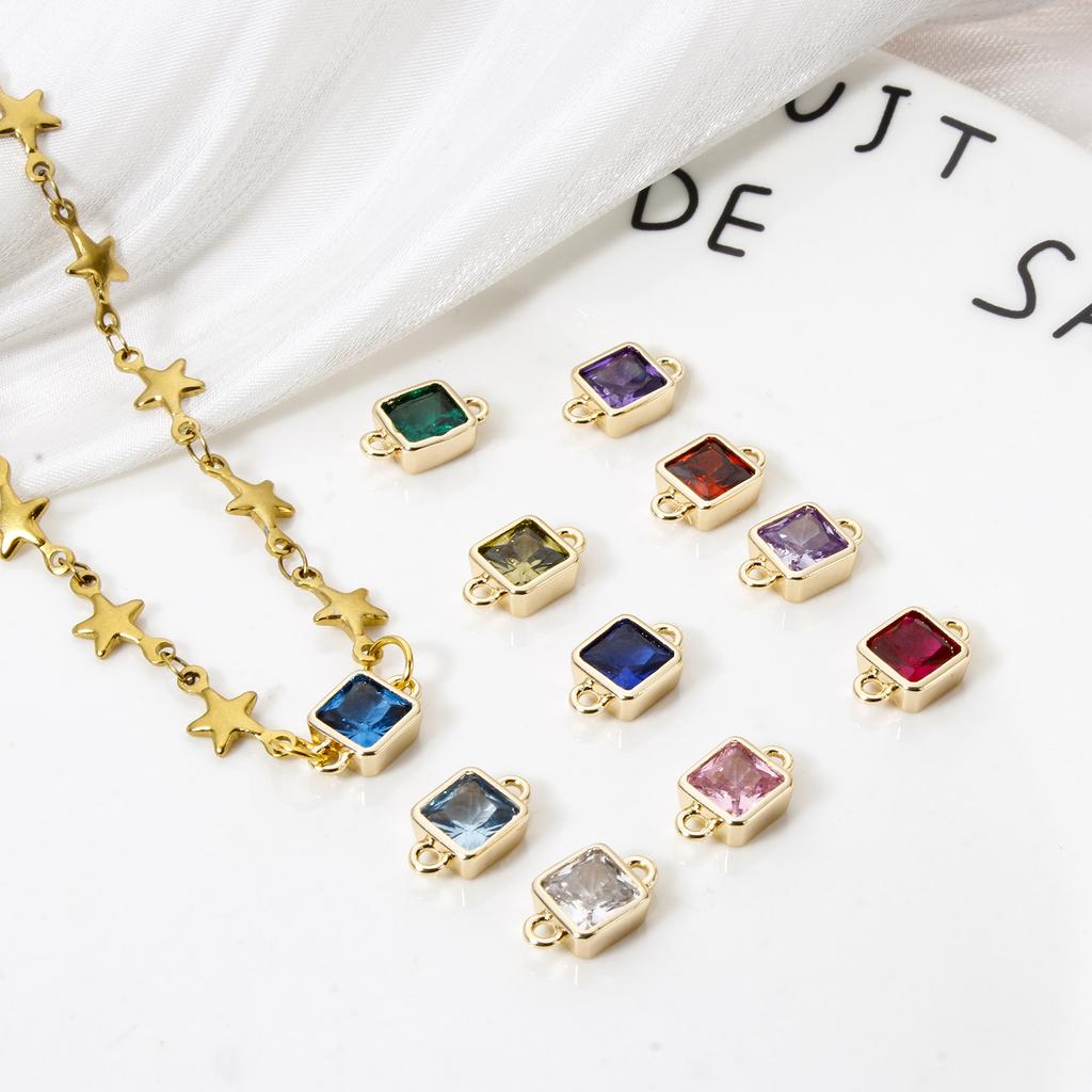 2 PCs Brass Birthstone Connectors Charms Pendants 18K Real Gold Plated Square For Bracelet Necklace DIY Jewelry Making12mm X 7mm