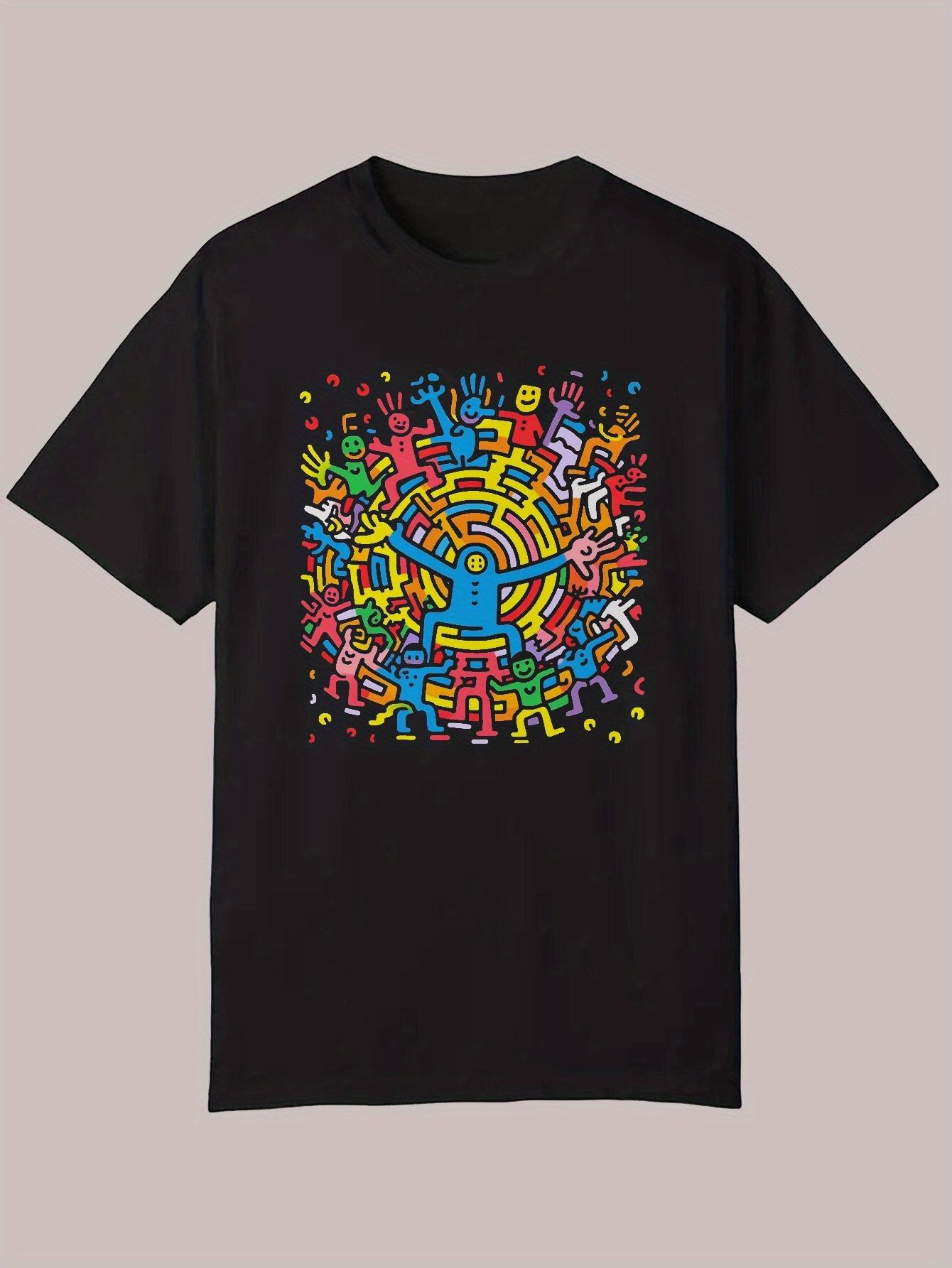 Casual Summer T-shirt with Vibrant Handprint Design - Black Polyester XXL