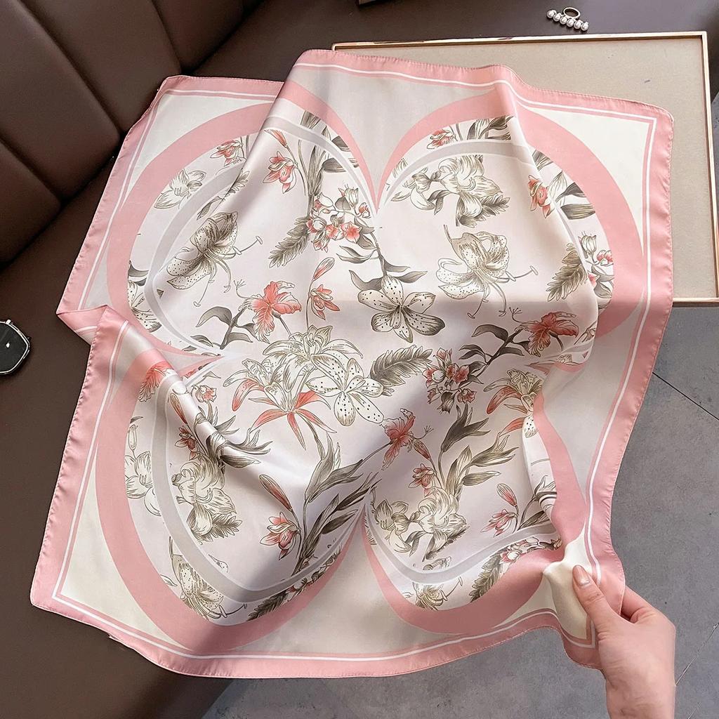 Luxury Design Floral Print Scarf Women Imitation Silk Square Neckerchief Hairbands Foulard Female 70x70cm Bandanas