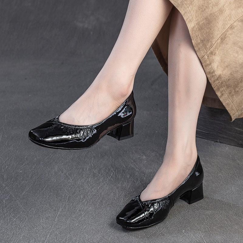 Johnature Square Toe Office Lady Pumps Genuine Leather Fashion Thick Heeled Slip-on Women's Shoes