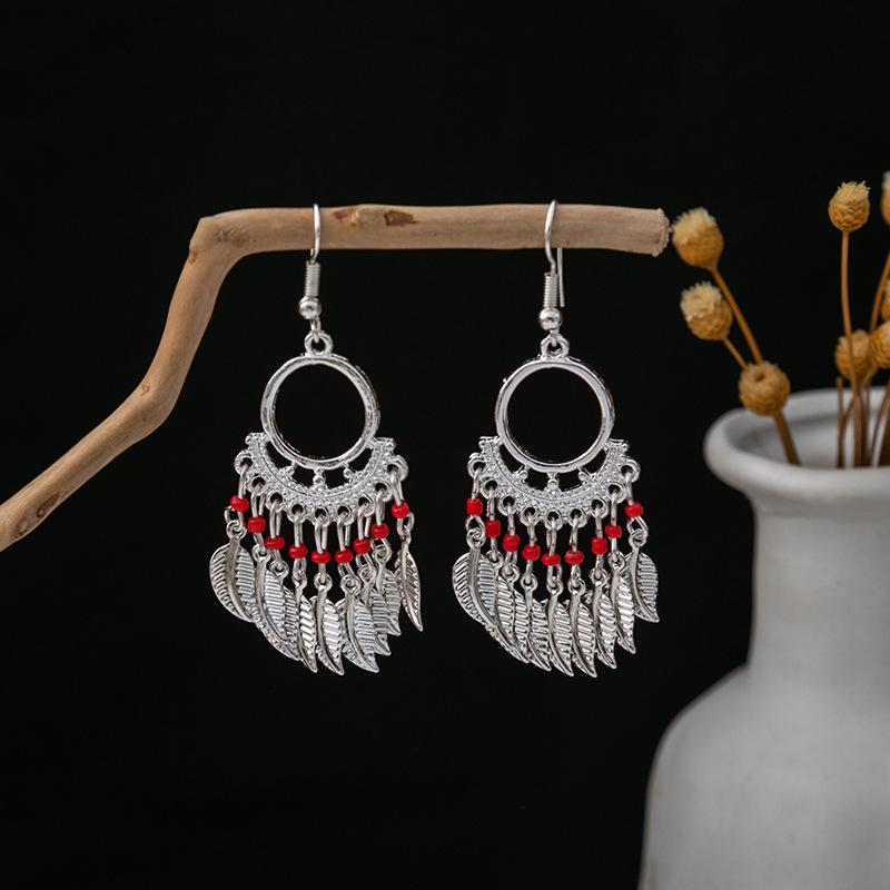 Bohemian Ethnic Miao Silver Turquoise Tassel Earrings for Women