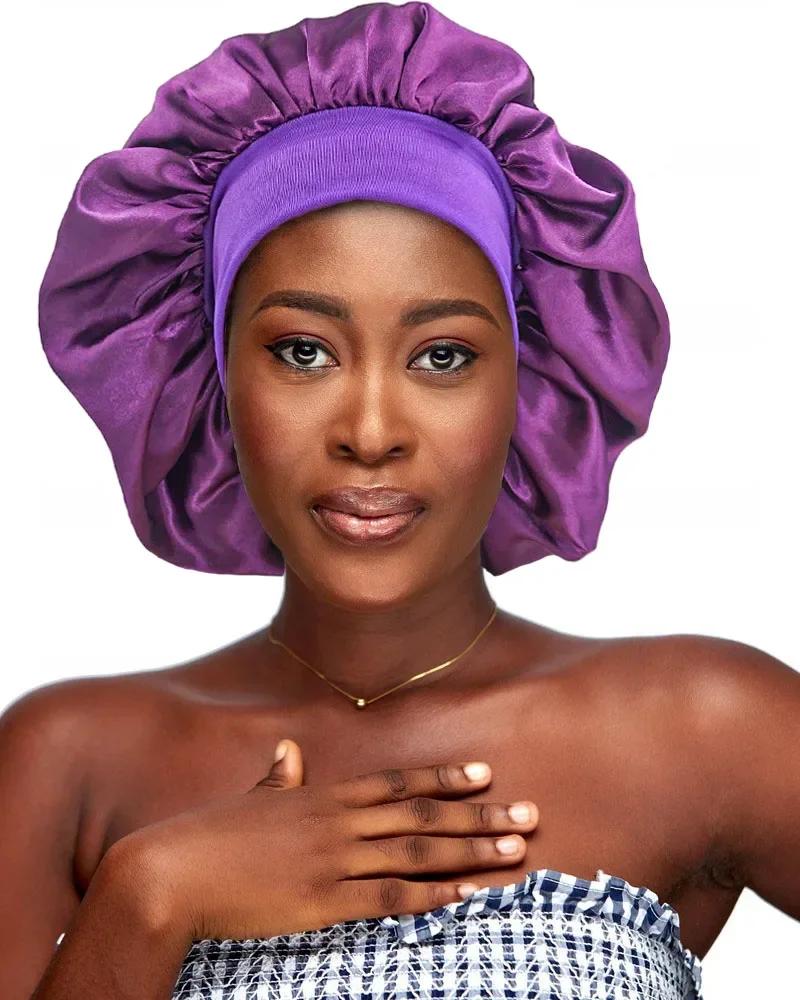 

Large Satin Bonnet Silk Bonnet Hair Wrap for Sleeping Sleep Cap With Elastic Soft Band Big Bonnets for Women Hair Care Caps фіолетовий