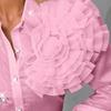 Women Shirt Lapel Long Sleeve Single Breasted Shirt Three-Dimensional Tops Solid Color Rhinestones Flowers Decor Shirt