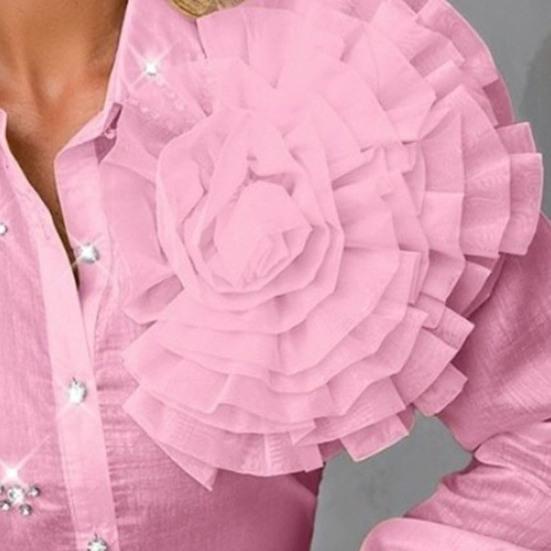 Women Shirt Lapel Long Sleeve Single Breasted Shirt Three-Dimensional Tops Solid Color Rhinestones Flowers Decor Shirt