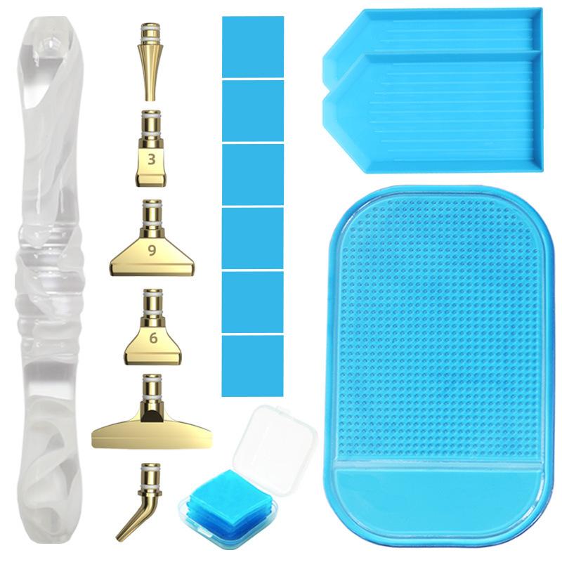 Harz Diamantmalerei Stift Set mit 6 austauschbaren Metallspitzen 6 Wachsblöcken 2 Sortierschalen und Bohrmatte für 5D Diamantmalerei Bastelbedarf
