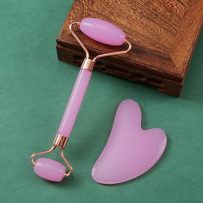 Heart-Shaped Rose Quartz Dual Roller & Massage Board Set - Non-Jade White Facial Tool