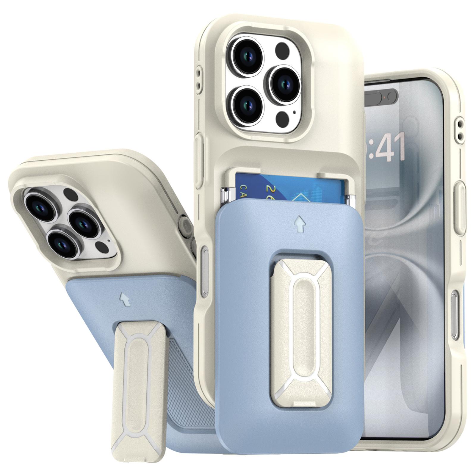 

For iPhone 16 Pro Max Case Card Holder Kickstand TPU+PC Shockproof Phone Cover Beige+Baby Blue