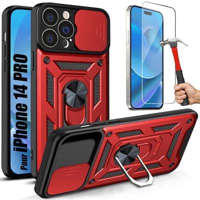 Hülle - für iPhone 14 Pro - Rot - Verstärkter Kameraschutz - Drehbarer Metallständer - 2 gehärtete Gläser