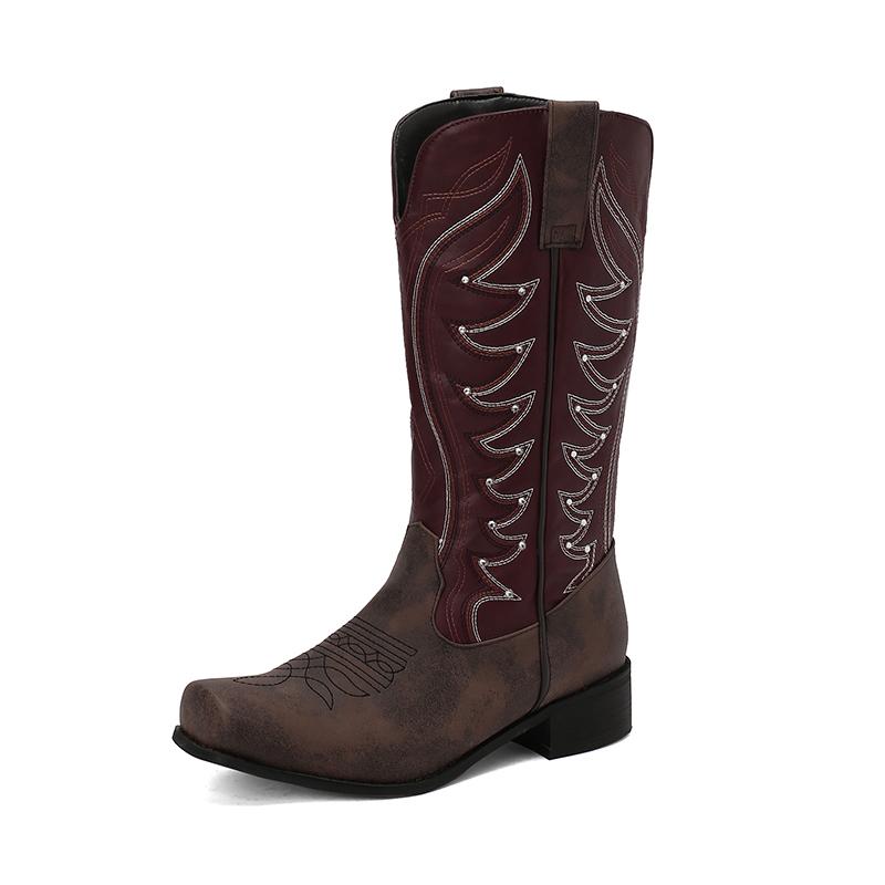 

Ковбойские вышитые западные сапоги Женские сапоги до середины икры Кристальный декор Ретро обувь Лоскутная смешанная расцветка Удобный массивный средний каблук 15 вино красного