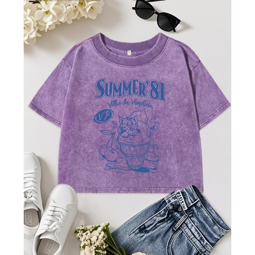 Summer 81 Cartoon Cherry Cats Prints Washed Crop T-Shirts Women Retro Cotton T-Shirt Summer Slim Clothing Tops