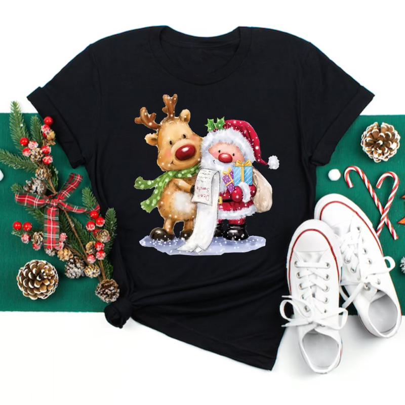 Merry Christmas Women's Fashion Top Kawaii Santa Claus Deer Women's Round Neck Top T-shirt Fashion T-shirt Women's Y2K Clothing