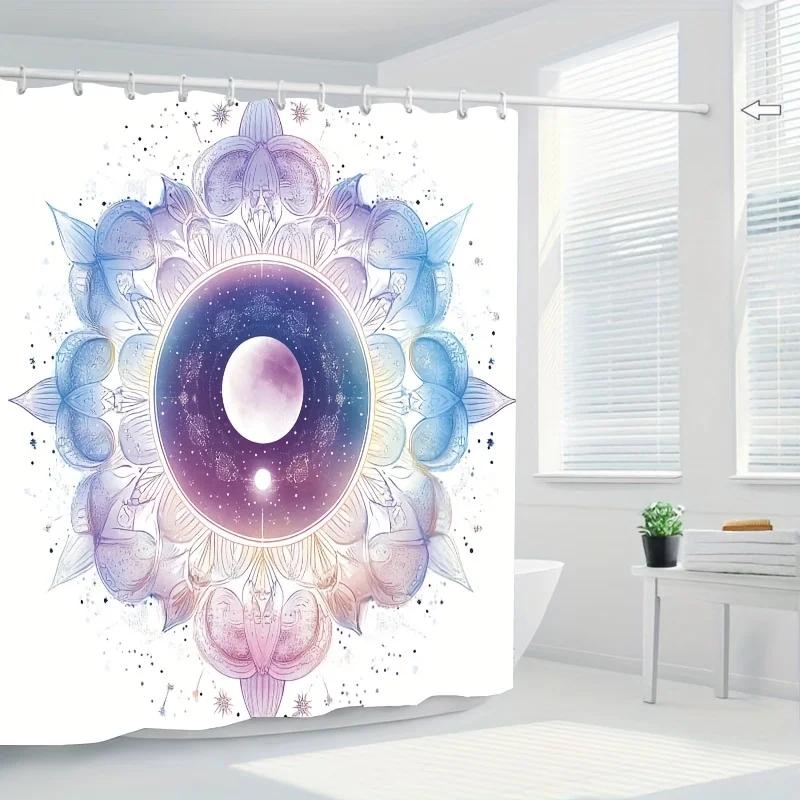 High-Quality Mandala Shower Curtain, Celestial Moons & Stars, Pastel Gradient, Includes Plastic Hooks, Durable Bathroom Decor