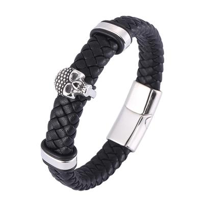 Men Braided Leather Skull Wristband Stainless Steel Male Bangles Party Jewelry Gift Punk Bracelet