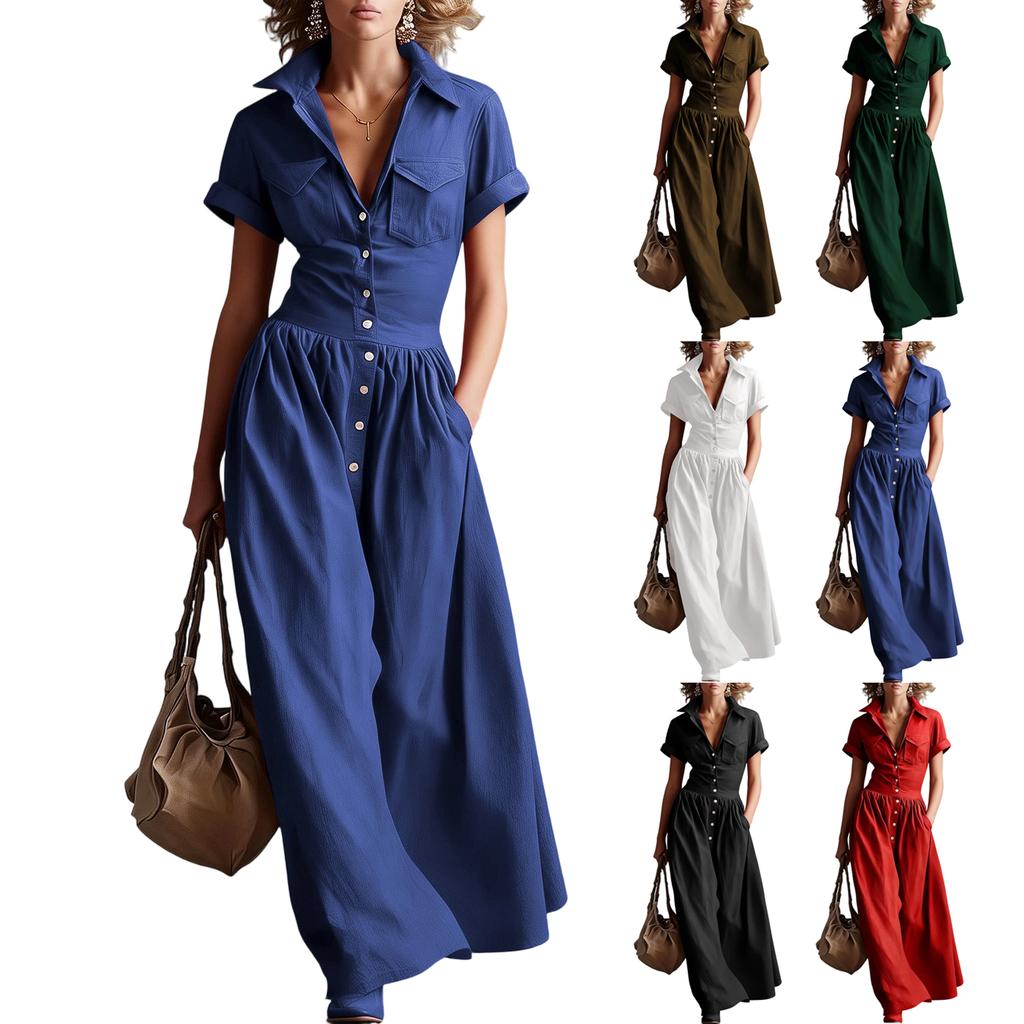 Vestido Largo Estilo Vintage para Mujer con Botones Delanteros, Manga Corta, Cuello, Casual, Maxi Vestido con Diseño Occidental y Detalle de Bolsillo