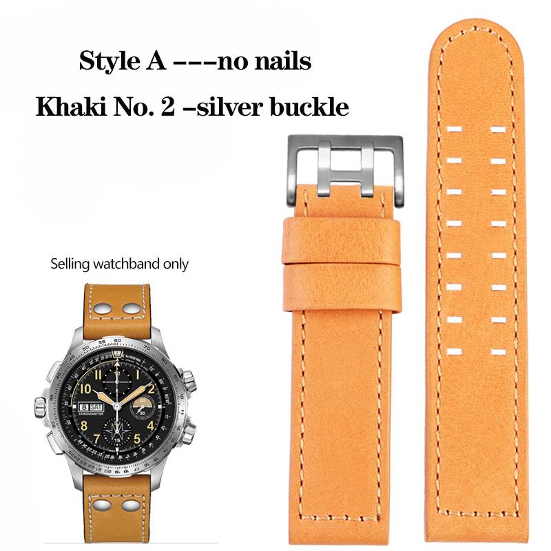 20mm 22mm Genuine Leather with Nails Watchband For Hamilton Khaki H77616533 H70615733 Series Men's Watch Band Strap Wristband