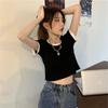Design sense splicing short-sleeved T-shirt women's summer Korean women's clothing short high-waisted contrasting slim-fit top, fashion clothing