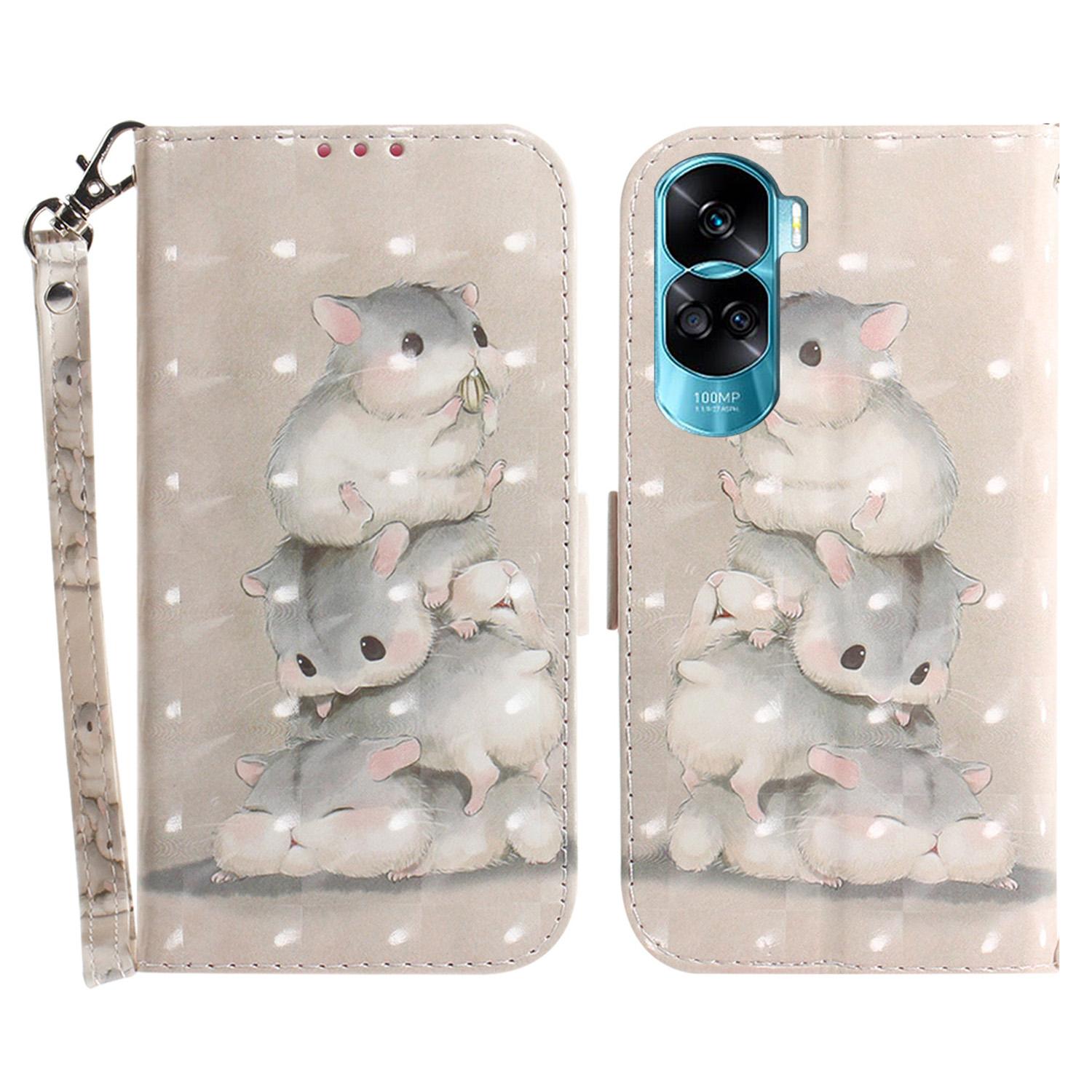 

Flip Folio PU Leather Phone Case for Honor 90 Lite 5G/X50i 5G,3D Pattern Printing Wallet Stand Cover with Strap Stacking Squirrels