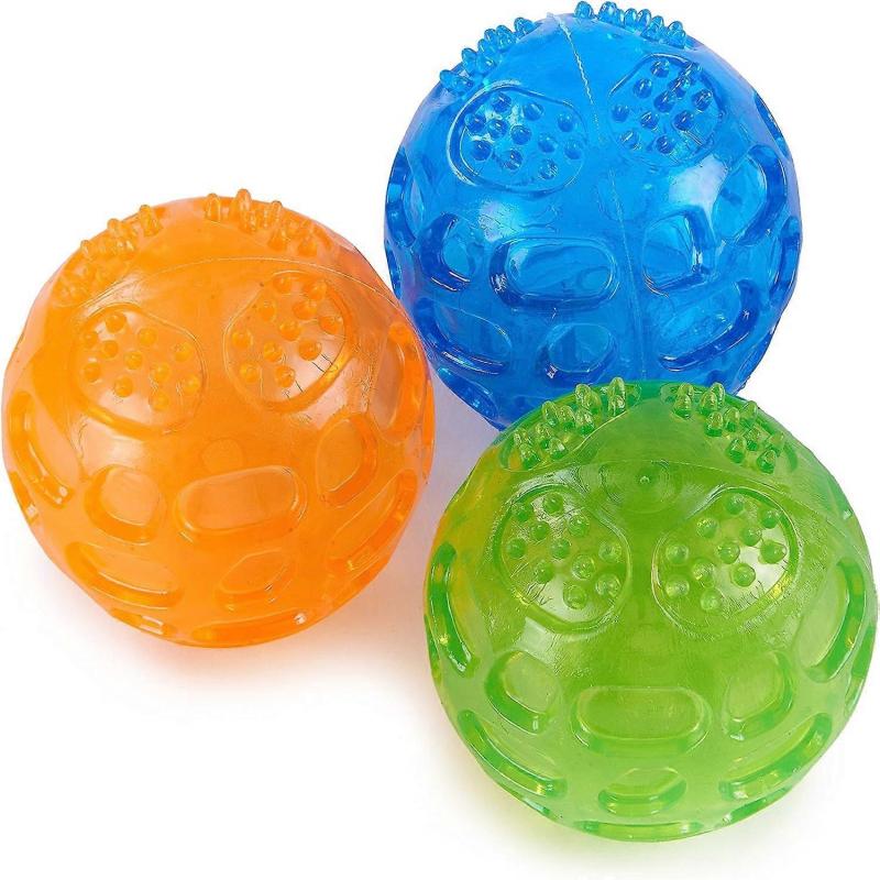 Dog Ball Squeak Toy Durable Puppy Chew Ball Waterproof Floating Stretch Rubber Ball with Squeak for Training Swimming, 3-Pack (Orange, Blue, Green)