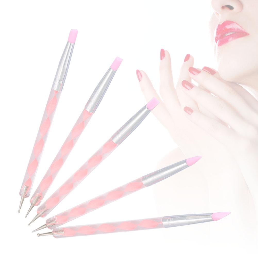 5pcs Dual ended Carving Sculptur Pen Set Silicone Head Dotting Pen Manicure Nail Art Tool Pink