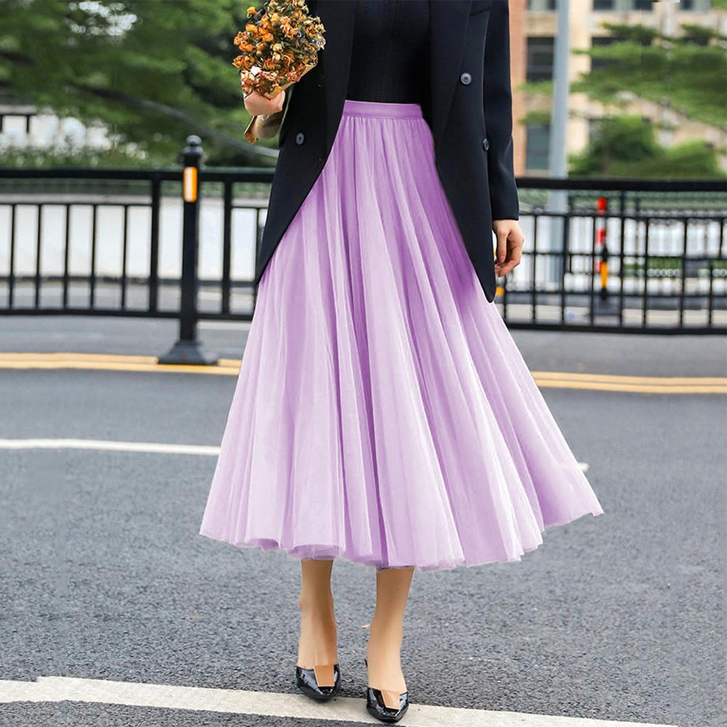 Women's Fashionable Color Loose Mesh Skirt, Elastic High Waist Large Swing Skirt, Pleated Skirt