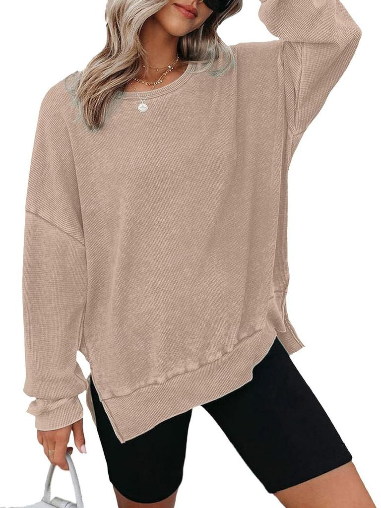 Women's Autumn New Style Crew Neck Long Sleeve Side Slit Checked Waistcoat T-Shirt