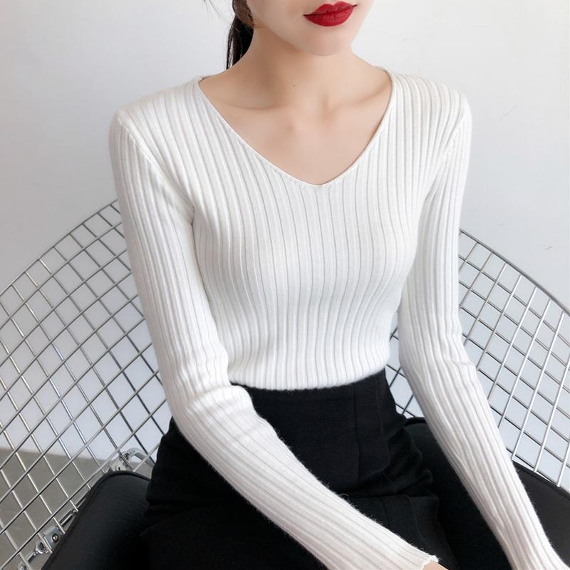 Autumn and Winter V-neck Knitted Sweater for Women Fashion Slim Fit Long Sleeve Base Pullover Sweaters Tops Ladies Elegant Solid Woman Knitwear 24978