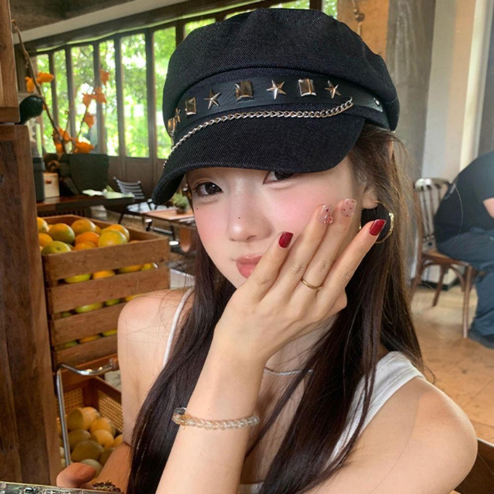 Cloth Denim Octagonal Hat Korean Style Retro Painter Hat Fashion Rivet Denim Beret  Travel