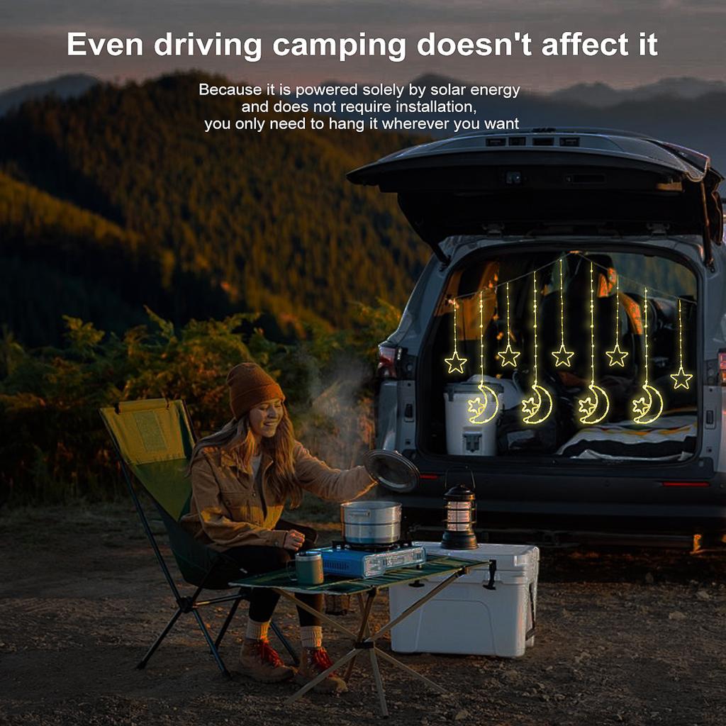 LED Decor Light Solar Moon Star Lights String Light Outdoor Waterproof Solar Powered Curtain Lights with 8 Modes Ramadan Hanging