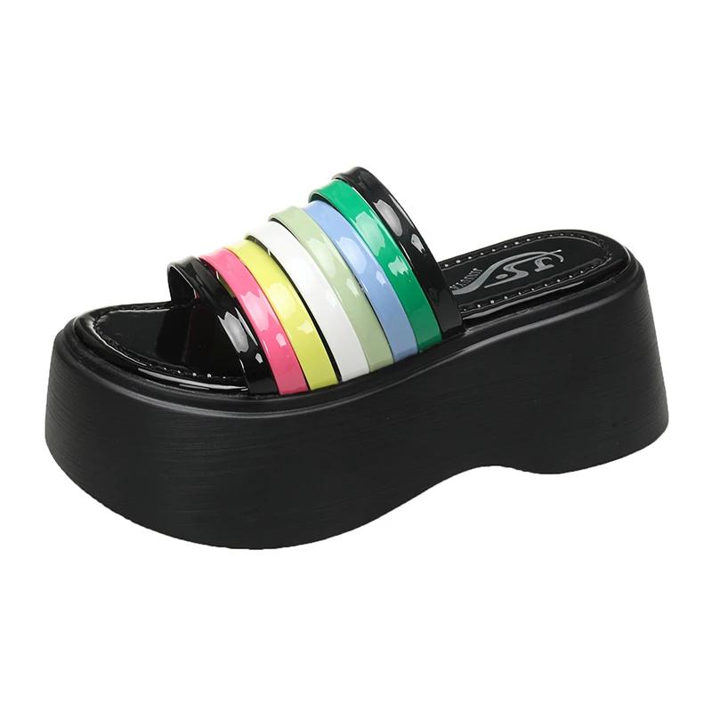 Fashion 7.5CM High quality Summer women's Thick soled white High-heel Sandals women's slope heel square toe slippers Women's Slippers