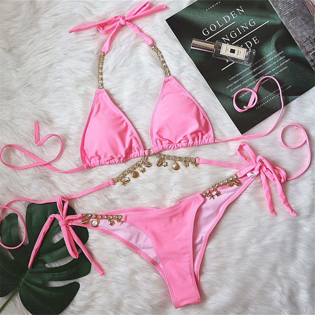 

3 цвета, сексуальное блестящее бикини с бриллиантами, женские купальники, женский купальник, комплект бикини из двух частей, купальный костюм с лямкой на шее L розовый