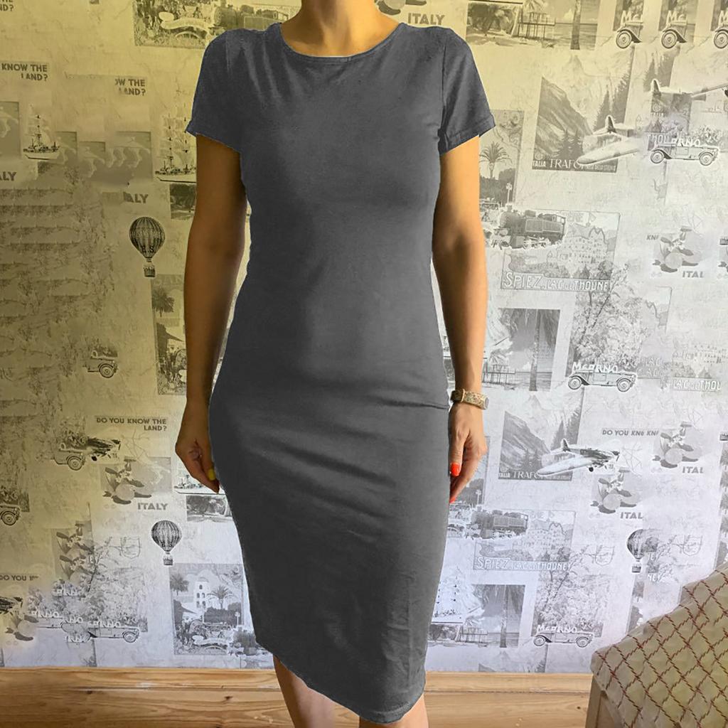 Women's Fashion Sexy  Solid Color Bag Hip Elasticity Short-sleeve Dress
