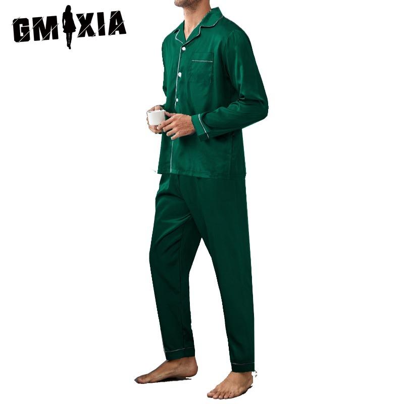 GMXIA Πολυτελής Ανδρική Φόρμα Σπιτιού Μακρυμάνικη Μακρύ Παντελόνι Σατέν Πιτζάμα Σετ Δύο Τεμαχίων