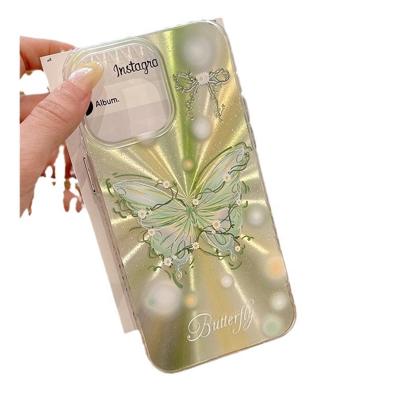 Niche Aurora Summer Green Butterfly Applicable To Apple 15 Women's IPhone 16 Mobile Case 13 Protective Case 14 Feather Yarn