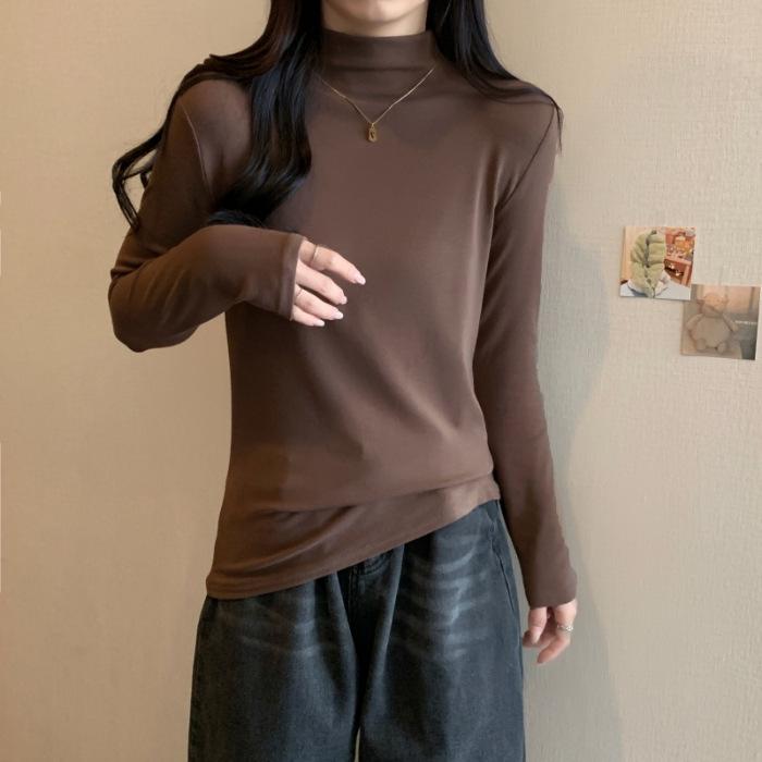 2025 Women's Thermal Fleece Velvet Long Sleeve T-Shirt, Half-High Collar Brushed Base Layer for Autumn/Winter