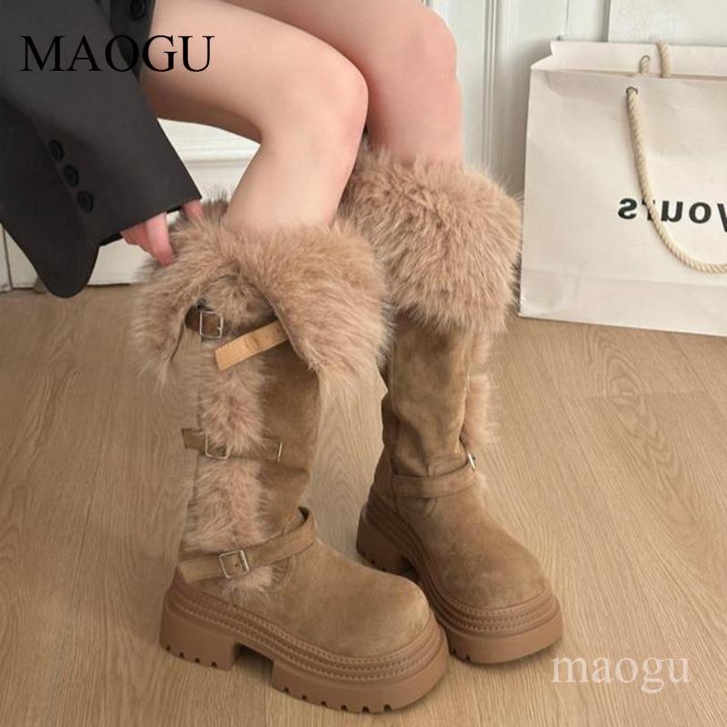 Faux Fur Suede Platform Winter Snow Boots Buckle Straps Warm Fluffy Non-Slip Knee-High Long Boots Fashion Female Footwear Size35