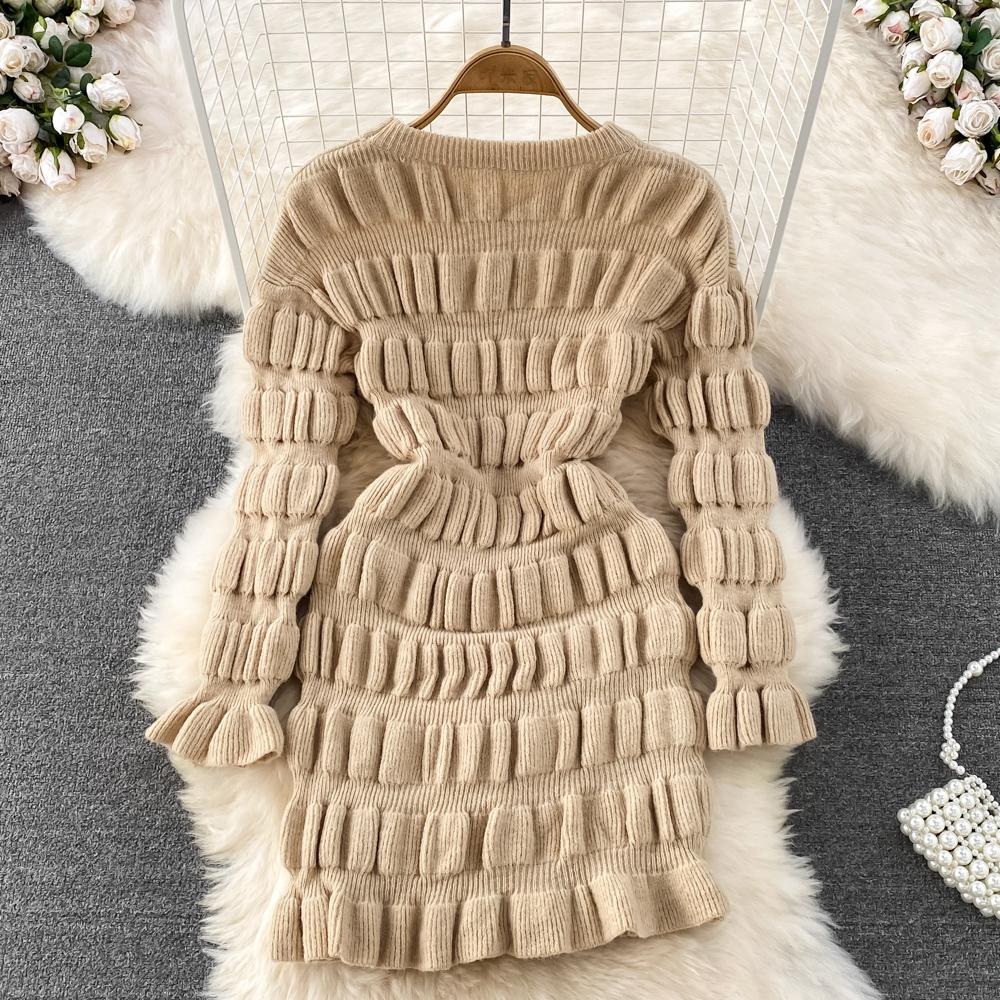 Podzim Zima Záhyby Pletený svetr Šaty Ženy Móda Ležérní Jednobarevné Plný Rukáv Mini Krátké Úplety