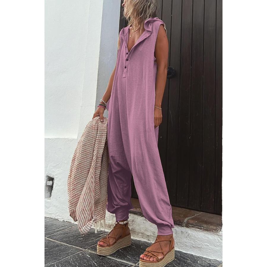 Women's Summer Casual Hooded Jumpsuit Loose Half Button Tapered Leg Romper Overall Pants