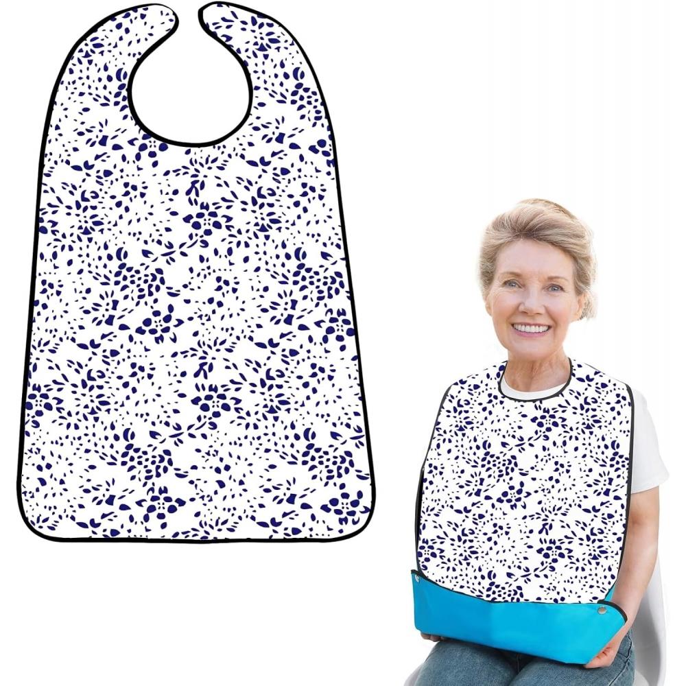 Hiliboom Водонепроницаемый фартук для ухода за взрослыми, легко моющийся, синий, с мелким цветочным принтом