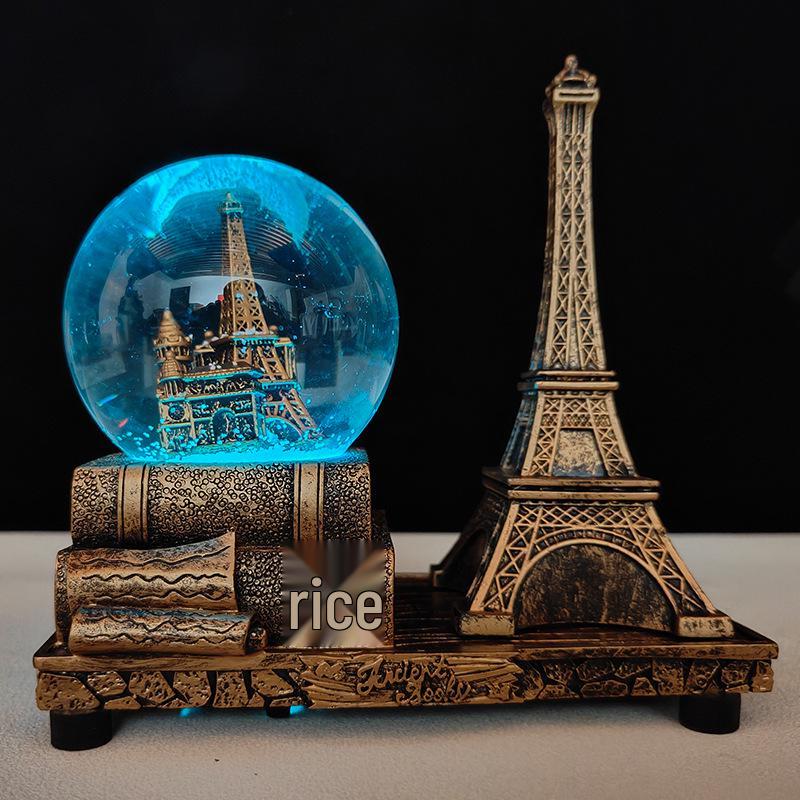 Creative Luminous Eiffel Tower Snow Globe Music Box - Retro Desktop Decoration