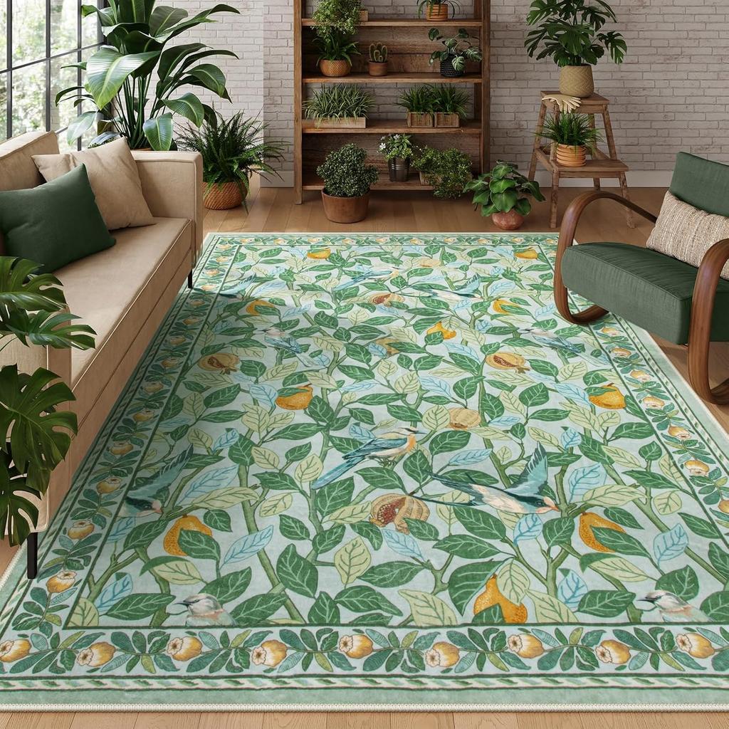 Living Room Carpet Non-slip Machine Washable Soft Floor Mat Green Plant Retro Ethnic Style Rugs Large Size Home Decoration Mats