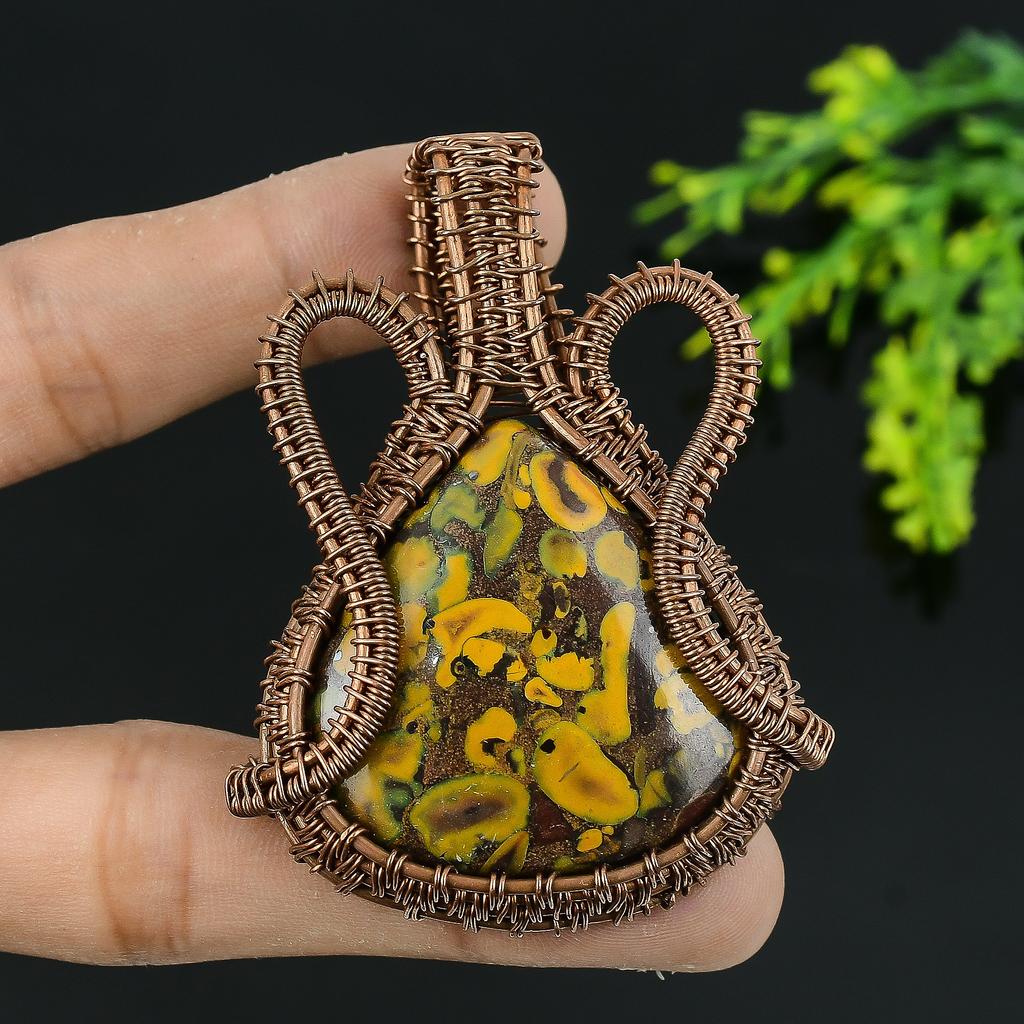 Natural Bamboo Jasper Gemstone Handmade Copper Wire Wrap Pendant 2.5 E7B79