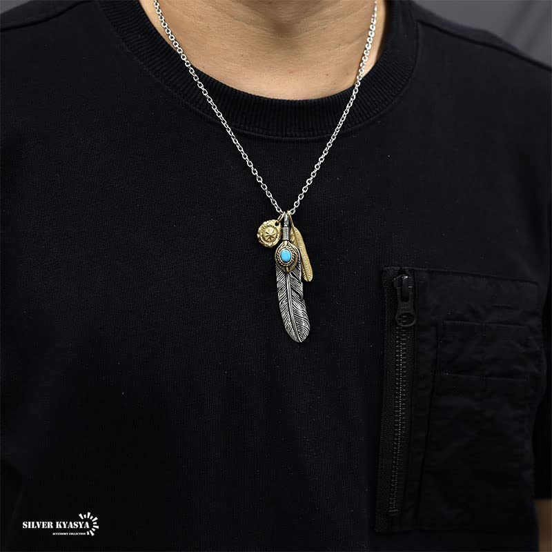 Stainless Steel Triple Feather Necklace for Extra Large Gold Sun Metal Pendant Rope [Silver KYASYA] Men, Silver, Feather, Claws, Turquoise, (Gold
