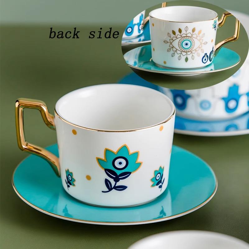 Juego de Taza de Café y Té de Cerámica con Platillo, Moda Europea Azul Ojo Maligno, 250ml, para Té de la Tarde en Casa